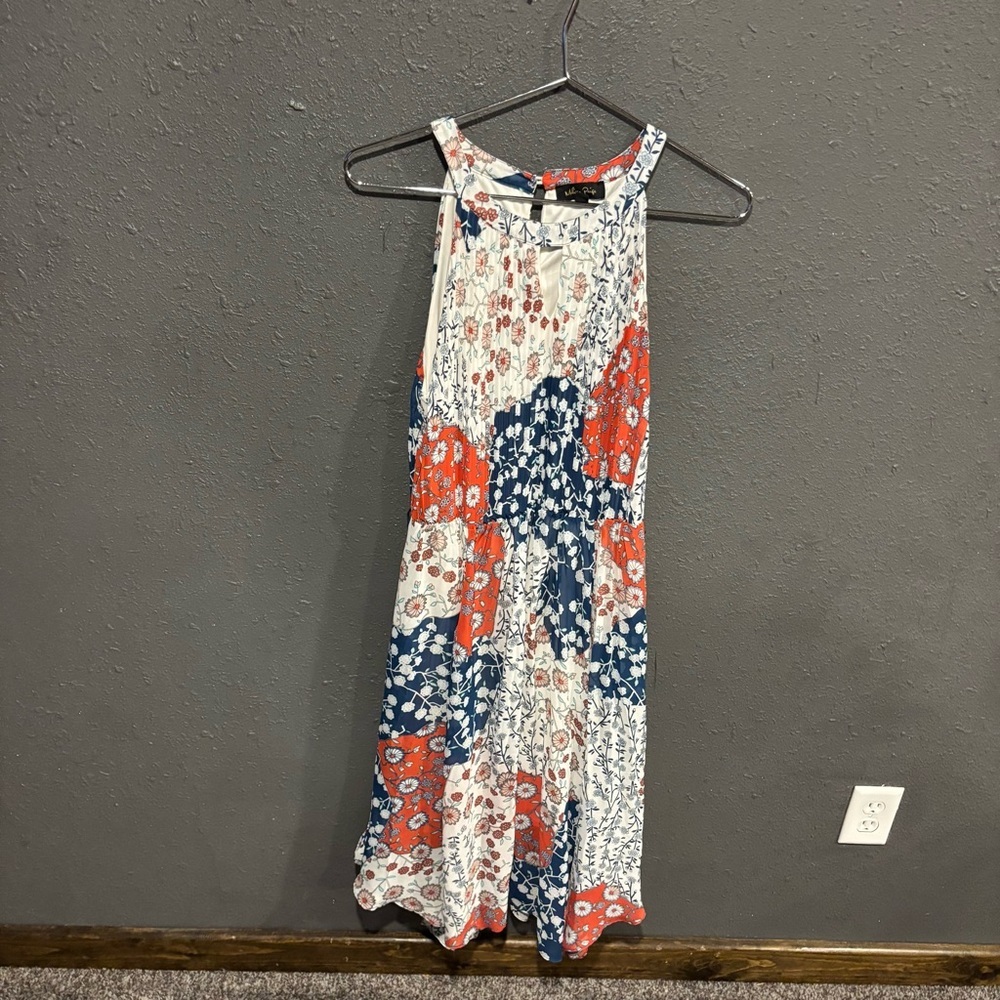 Melissa Paige Floral Halter Midi Dress in White, Navy & Coral
